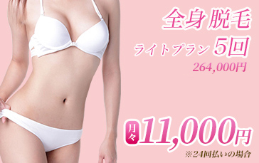 全身脱毛ライトプラン5回 150,000円 ワキ・腕全体・足全体 月々6,750円 ※24回払い