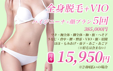全身脱毛+VIO ハイジニーナ+顔プラン5回 ワキ・腕全体・脚全体・胸・腹・へそ下・うなじ・背中・腰・臀部・VIO・額・眉間・ほほ・もみあげ・鼻下・あご・あご下(※眉毛は含まない) 400,000円 月々18,000円 ※24回払い